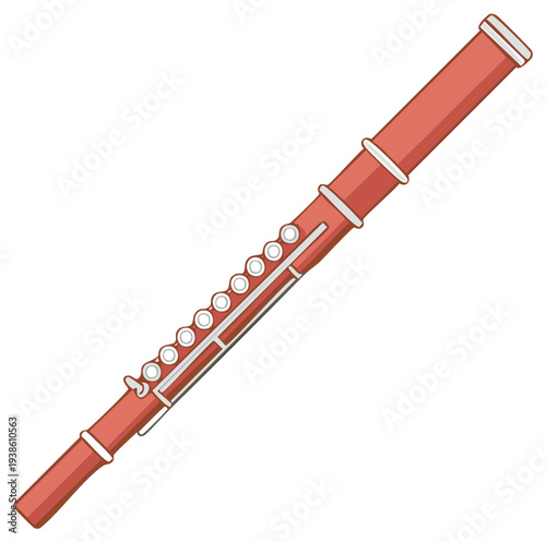 Cartoon illustration of a wooden flute instrument with buttons and finger holes isolated
