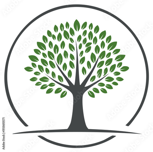 Stylized Green Tree with Dark Circle and Curved Base Symbol