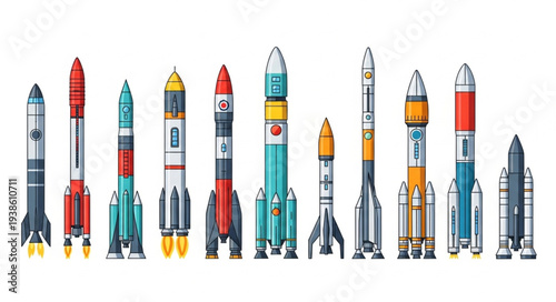 Collection of diverse rockets and spacecraft in a row.