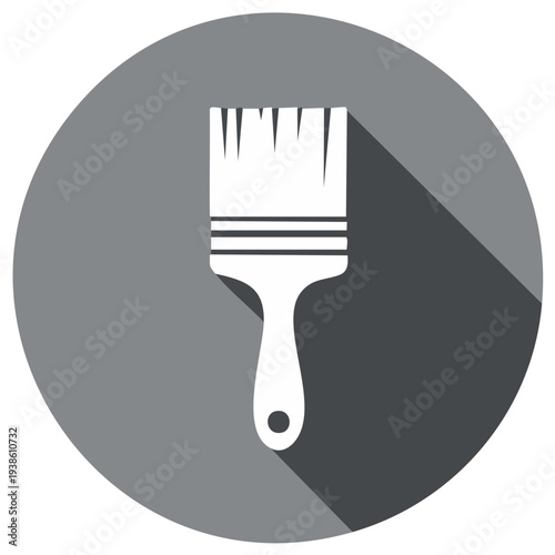 Clean flat icon of a paintbrush with a long shadow against a grey circular background