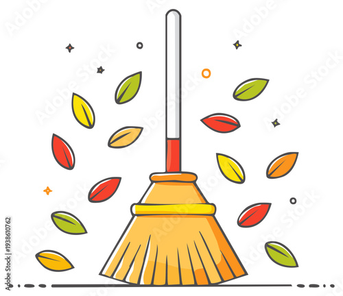 Broom sweeping autumn leaves colorful fallen foliage falling outdoor activity
