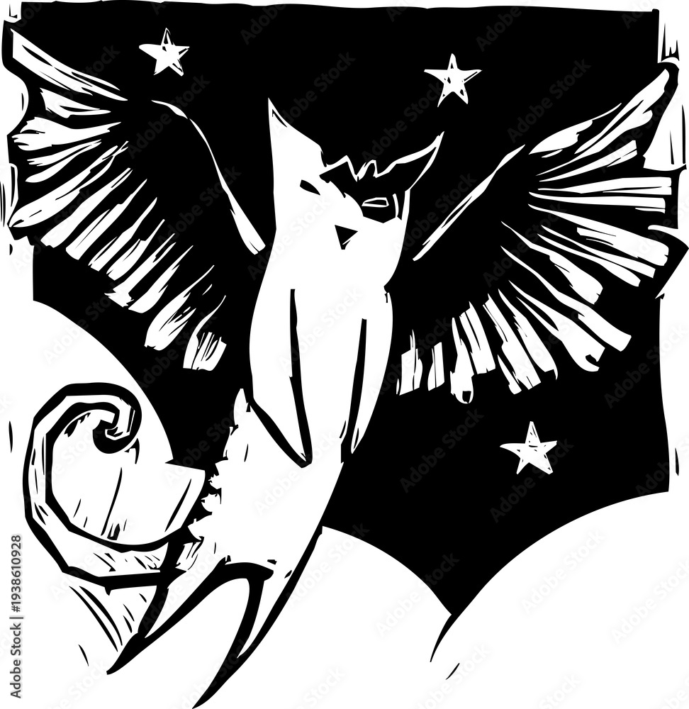 Naklejka premium A woodcut image of a cat with wings like an angel
