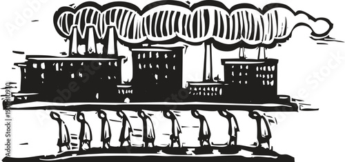 Woodcut style image of oppressed workers heading to a factory