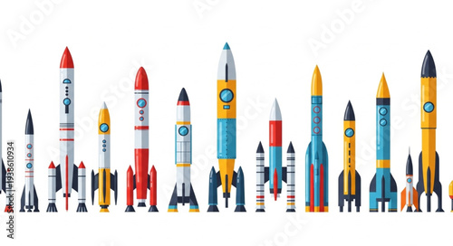 Collection of colorful toy rockets lined up against a white background.