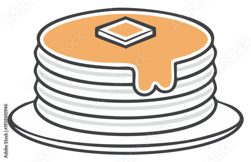 Stack of fluffy golden pancakes topped with rich maple syrup and a pat of butter on a plate