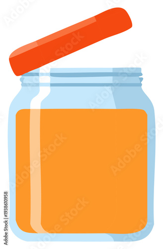 Jar of orange liquid with red lid isolated