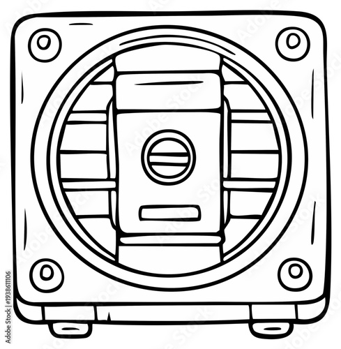 Simple black and white illustration of a ventilation fan with four mounting screws
