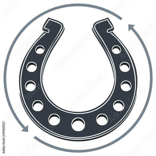 Stylized horseshoe symbol within circular arrow on white background. Concepts of luck and protection.