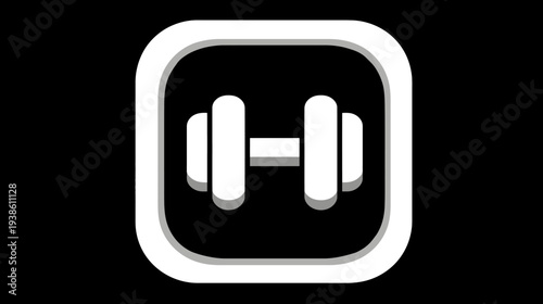A white dumbbell icon in a rounded square with a 3D effect on a black background