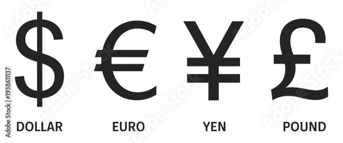 Currency Symbols Set, vector collection of dollar, euro, pound, yen symbols, isolated on white background, financial and money icons illustration