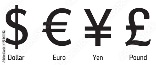 Currency Symbols Set, dollar euro pound yen icons collection, vector illustration isolated on white background, money and finance symbol set