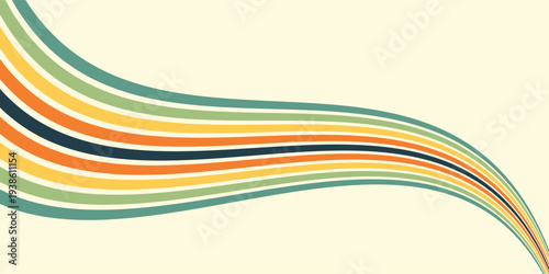 Abstract colorful 70s background vector. Vintage retro wallpaper with rainbow stripes and wavy lines. A 1970 color illustration suitable for posters, banners, decorative items and wall art.