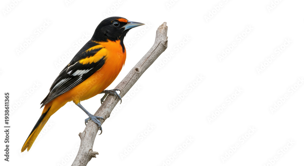 Obraz premium A vibrant male oriole bird with fiery orange and black plumage perched elegantly on a gnarled branch, isolated against a transparent studio background, showcasing natural grace