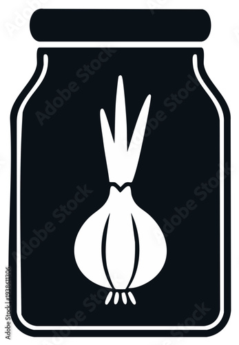 Simple black and white vector icon of a garlic bulb preserved in a glass jar