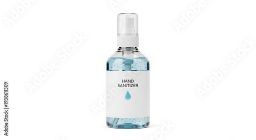 Clear Plastic Hand Sanitizer Spray Bottle Mockup with Blue Liquid labeled 'HAND SANITIZER' isolated on White Background