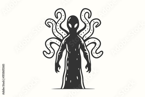 Mysterious Dark Alien Character with Octopus Tentacles Isolated on White