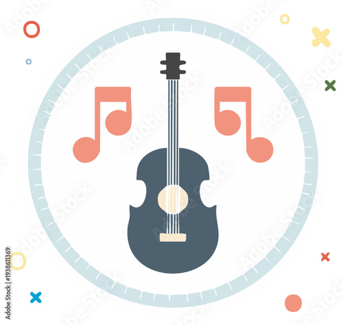 A classical string instrument with musical notes. A minimalist flat vector icon for melody, harmony, and sound