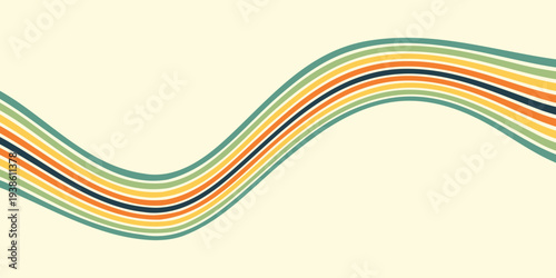 Abstract colorful 70s background vector. Vintage retro wallpaper with rainbow stripes and wavy lines. A 1970 color illustration suitable for posters, banners, decorative items and wall art.