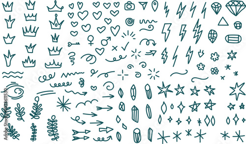 Hand-drawn Vector set, hearts, stars, crystals, sparkles, arrows, lightnings, diamonds, signs and symbols. doodles elements isolated, Vector Design
