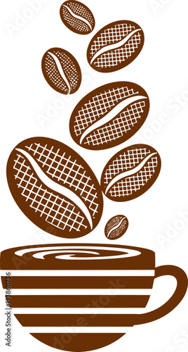 Cup of coffee with falling roasted beans featuring grid texture and stylized swirl top