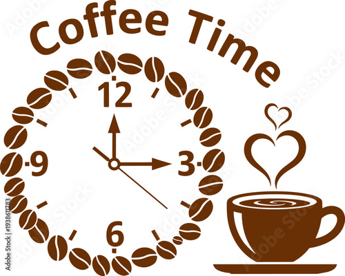 Coffee time clock made of coffee beans with cup and heart steam on checkered background