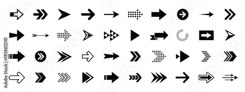 Arrow icon set. Collection of various black vector directional pointers and forward symbols.