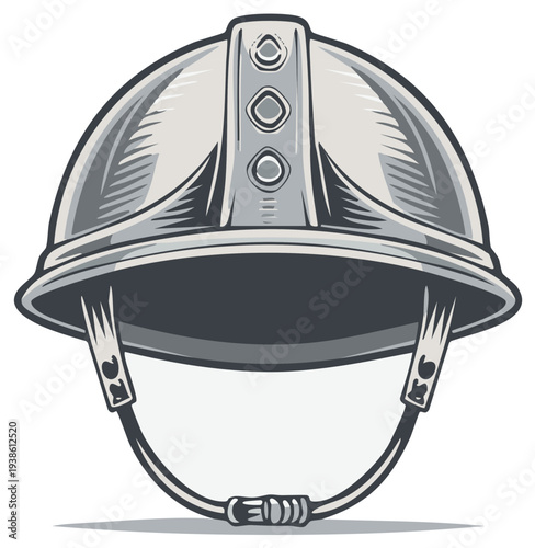 Retro Style Metal Firefighter Helmet with Chin Strap and Rivets Detailed Illustration