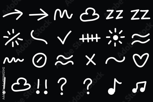 Hand Drawn White Doodle Symbols and Icons Set on Black Background – Arrows, Cloud, Sun, Check Mark, Question Mark, Music Notes, Lines and Abstract Sketch Elements Collection.