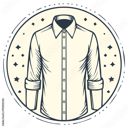 Stylized line art illustration of a button down shirt in a decorative circle frame with stars