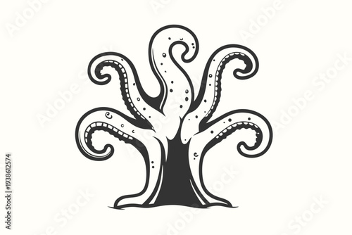 Abstract Monochrome Octopus Limbs Curling into a Nautical Form on White Surface