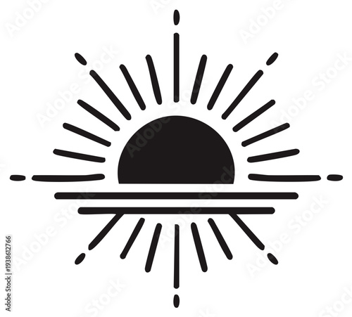 Stylized rising sun icon illustration with simple radiating lines in vector format representing hope, growth, and enlightenment