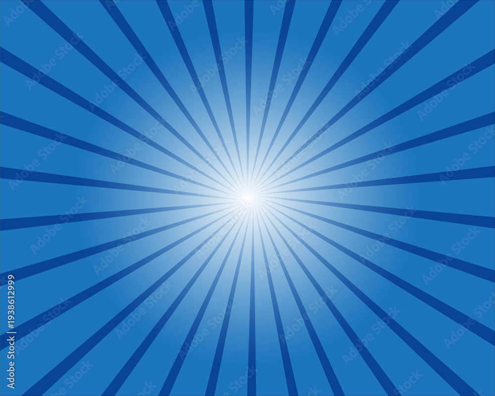Obraz premium This abstract blue sunburst background features a bright radial starburst design with glowing light rays and vector flares exploding from a central shine like a summer sun beam pattern