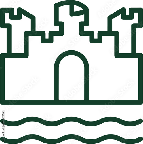 Castle icon with water waves, medieval fortress symbol, moat illustration vector, historic architecture outline, fortified building graphic, tourist site logo design