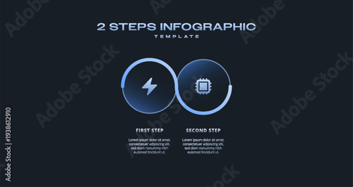 Dark Tech Infographic with Blue Gradient Glow, Futuristic Neon Circular Horizontal 2 Step Process Timeline for Presentations, Banners, Flowcharts, Business Reports, and Modern Digital UI Design Assets