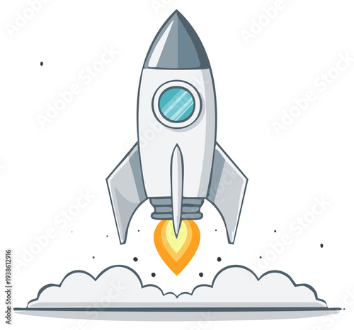 Cartoon rocket launching into the sky with fiery exhaust and clouds of smoke