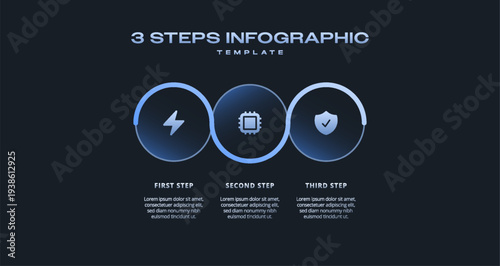 Dark Tech Infographic with Blue Gradient Glow, Futuristic Neon Circular Horizontal 3 Step Process Timeline for Presentations, Banners, Flowcharts, Business Reports, and Modern Digital UI Design Assets
