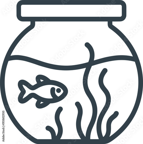Fishbowl icon, aquarium illustration, pet fish, aquatic plants, home decor, marine life, water container, minimal design, household item, aquatic symbol