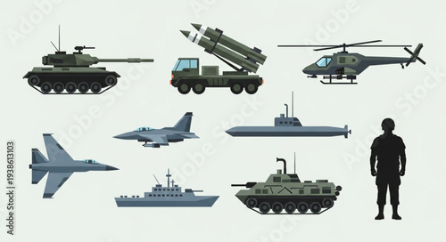 Collection of military vehicles and aircraft with soldier silhouette.
