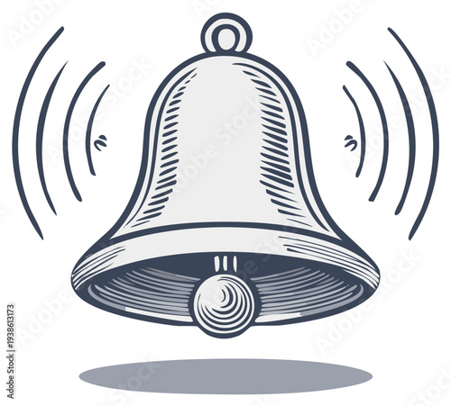 Hand drawn bell rings graphic illustration, vintage school bell with sound wave sketch