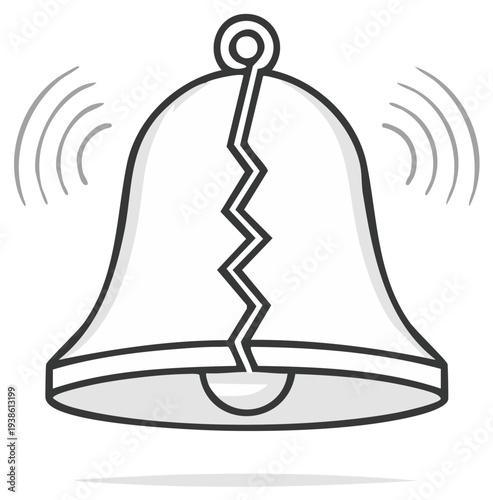 Cracked ringing bell with radiating sound waves in a simple illustration style