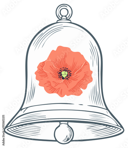 Vintage Bell with Red Poppy Flower Inside Isolated