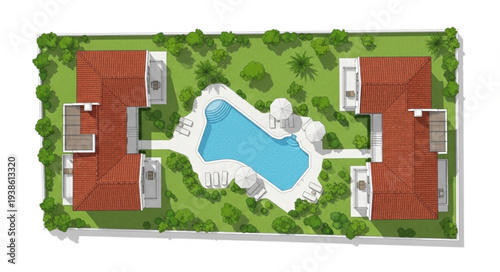 Aerial view of a modern residential complex with a swimming pool.