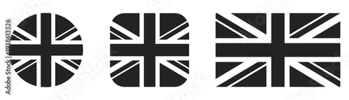 United Kingdom Flag Icon Set, black and white vector collection, UK national flag symbols isolated on white background for design projects