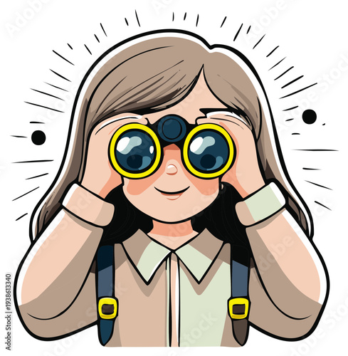 Cartoon Girl Exploring with Binoculars, Smiling, Adventure, Observation, Expedition, Search and Discovery, Illustration