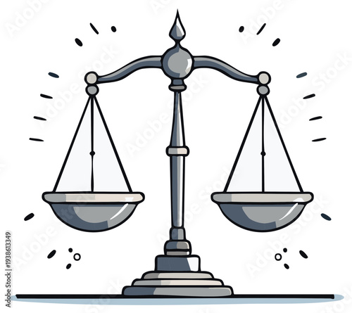 Illustration of balanced scales of justice with radiating light in a cartoon style