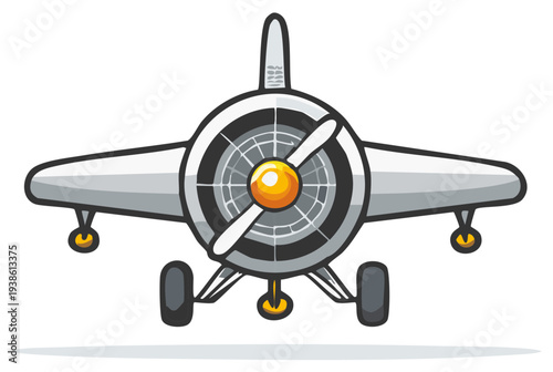 Front view of a cartoon plane with propeller. The airplane is silver and white on a white background.