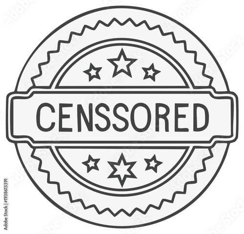 Censored Round Stamp: Regulatory Compliance Symbol with Decorative Stars and Zigzag Edges, Official Black and White Icon
