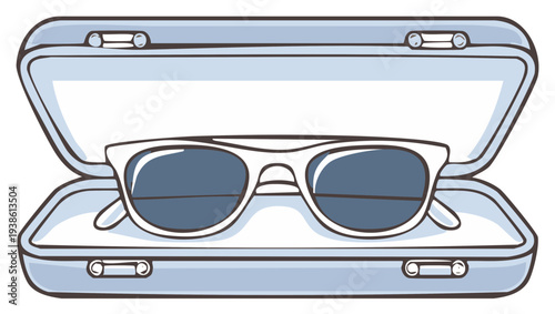 White framed sunglasses inside an open blue protective case, simple cartoon illustration