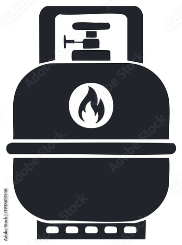 Black and White Propane Tank Illustration with Flame Emblem