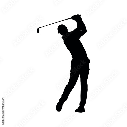 Silhouette of a golfer swinging a club isolated on white background